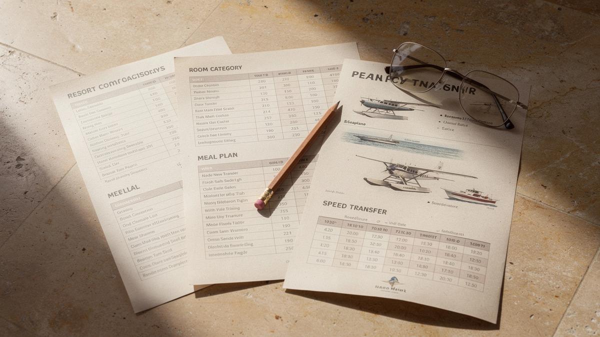 Resort comparison sheets laid beside a seaplane and speedboat transfer timetable on a planner's desk